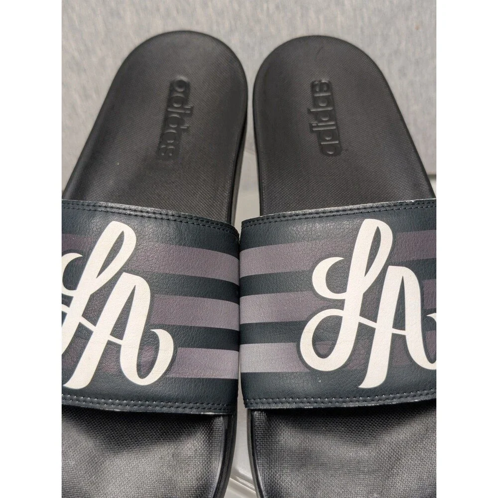 Adidas Originals Adilette Comfort Slides GV8341 Black LA LOGO Grey stripes Sz 10